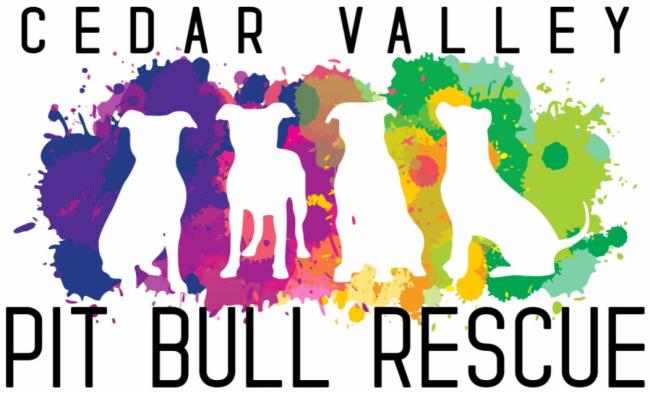 Cedar Valley Pit bull Rescue, (Waterloo, Iowa), logo four white pit bulls with multi color background and text