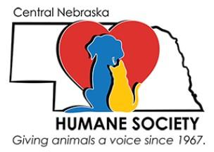 Central Nebraska Humane Society, (Grand Island, Nebraska), logo blue dog and yellow cat in front of red heart on top of map of Nebraska outline with black text