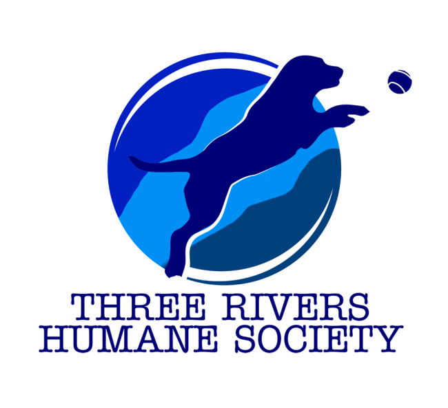 Central Oregon Animal Friends (Madras, Oregon) logo with three rivers humane society text dog chasing ball
