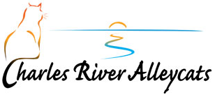 Charles River Alleycats (Cambridge, Massachusetts) logo with outline of a cat looking toward sunset over river