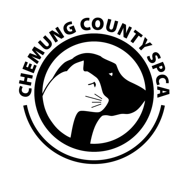 Chemung County Humane Society & SPCA, Inc. (Elmira, New York) logo thick black circle with black silhouette or black dog and white cat profiles black lettering outside around circle