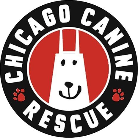 Chicago Canine Rescue Foundation, (Chicago, Illinois), round logo with dog eyes, nose and mouth drawn on white silhouette of Hancock Building, red background, black ring with white text and two red pawprints around it 