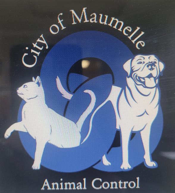 City of Maumelle Animal Services, (Maumelle, Arkansas), logo drawing of large white dog and white cat half inside a three blue inter-locking rings with text above and below