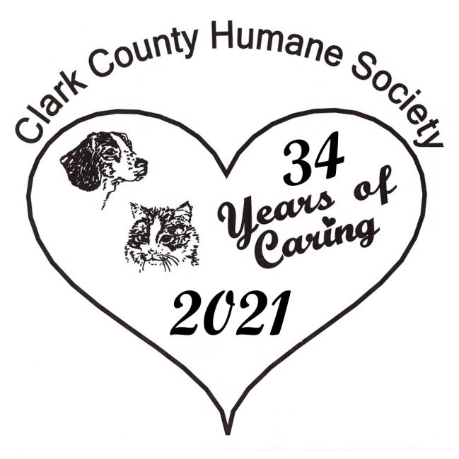 Clark County Humane Society, Inc., (Neillsville, Wisconsin), logo black and white drawings of cat and dog head inside outline of black heart with black text