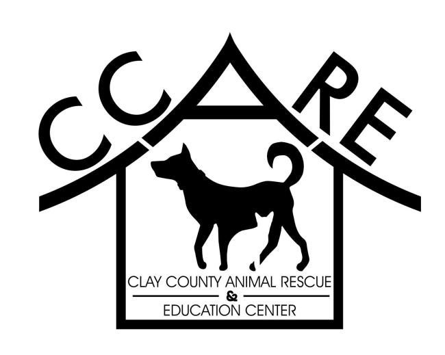Clay County Animal Rescue and Education Center (CCARE) (Clay Center, Kansas) logo black outline of a home black letters CC on leftside the roof is the letter A the letters RE on right inside house black silhouette of dog white silhouette of cat black lettering on bottom