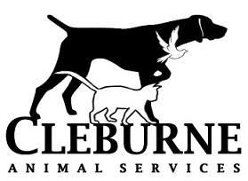 Cleburne Animal Services, (Cleburne, Texas), logo white cat, white bird and black dog above black text