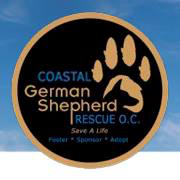 Coastal German Shepherd Rescue (Irvine, California) logo with pawprint and name of organization in circle on blue background