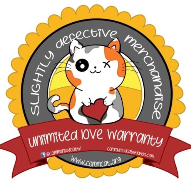 Community Cat Inc, (Whitewater, Wisconsin), logo cartoon cat white orange and grey inside grey and yellow circle with red banner and white text