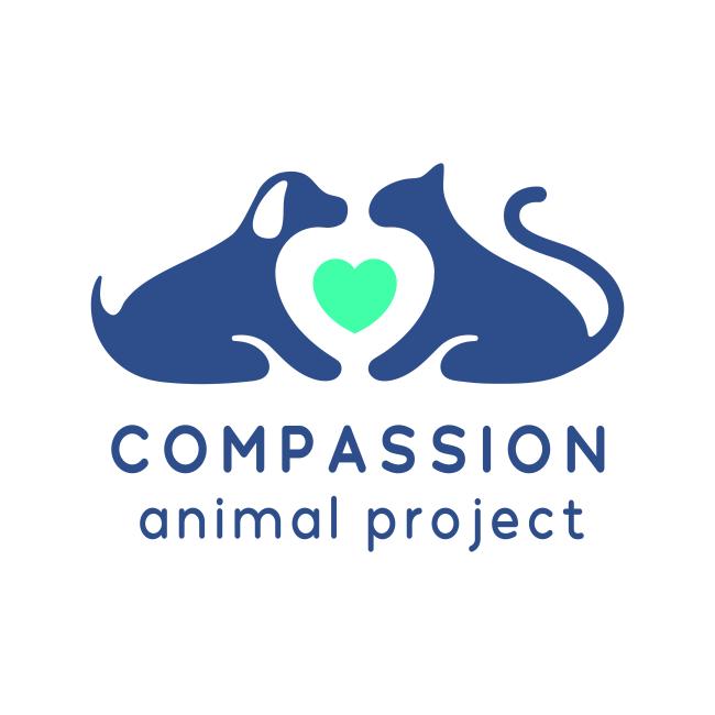 Compassion Animal Project (Richmond, Virginia) logo drawn blue silhouettes of dog and cat facing each other with the ir heads and legs forming a white heart with neon green smaller heart at center blue text below
