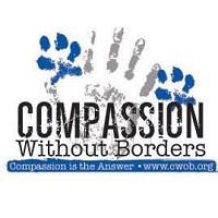 Compassion Without Borders (Santa Rosa California) logo with handprint, pawprints & tagline 'Compassion is the Answer'