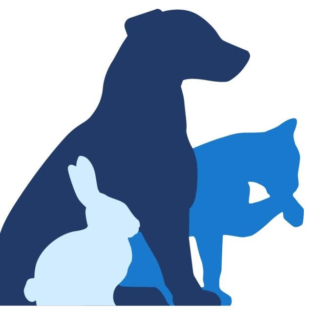 Concern for Animals, (Tumwater, Washington), logo light blue bunny, dark blue dog, medium blue cat licking paw