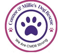 Connor and Millie's Dog Rescue, (Las Vegas, Nevada), logo purple pawprint in purple circle surrounded by purple text surrounded by pink circle