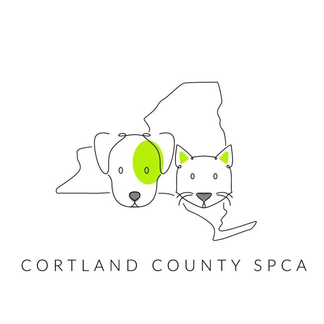 Cortland County Society for the Prevention of Cruelty to Animals, (Cortland, New York), logo drawing of the heads of a dog with a green spot and cat with green ears on top of the county map with text below
