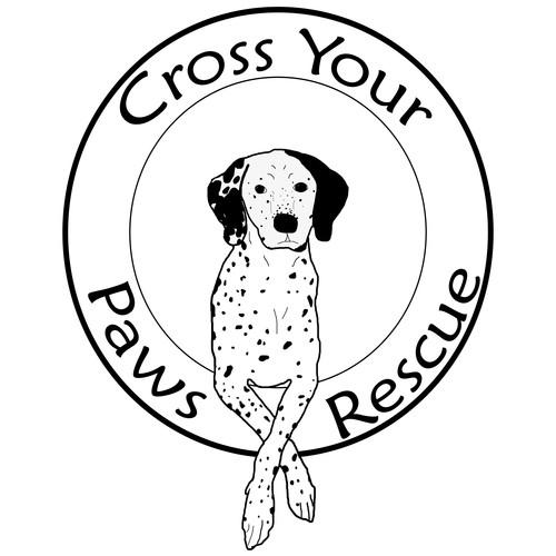 Cross Your Paws Rescue (Irwin, Pennsylvania) logo black circle outline black letters with drawn dalmation dog paws crossed