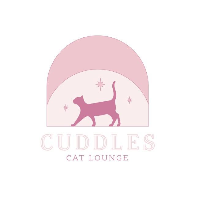 Cuddles Cat Lounge (American Fork, Utah) logo with dark pink cat silhouette on pink background 