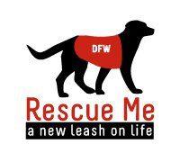 DFW Rescue Me, (Dallas, Texas), logo black dog wearing red coat with red text and white text in black box