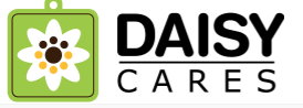 DaisyCares, (San Antonio, Texas) logo green square tag with white flower inside left of text DaisyCares
