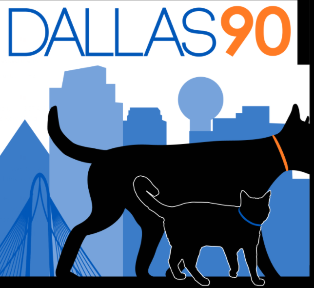Dallas Animal Services, (Dallas, Texas) logo black dog and cat silhouette with blue city background with blue and orange text