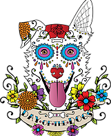 Day of the Dogs (Cypress, Texas) logo has a dog face in the colorful Day of the Dead style