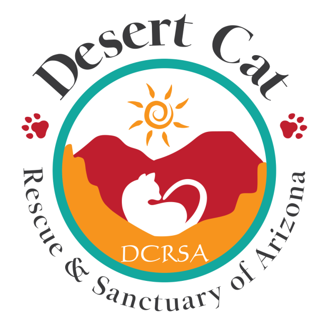 Desert Cat Rescue & Sanctuary of Arizona (Thatcher, Arizona) logo aqua circle with white silhouette of a cat, yellow sun, red mountain and orange sand inside black lettering surrounding circle red paws as spacers