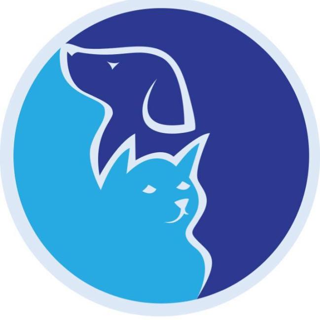 Dixie Adoptables, (Lucedale, Mississippi), logo of dark blue dog and light blue cat as yin and yang in silver circle