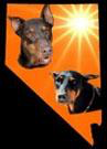 Doberman Rescue of Nevada (Las Vegas, Nevada) logo with 2 Dobermans & sun on orange background in shape of Nevada