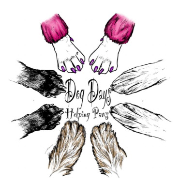 Dog Days Helping Paws (Oakley, Utah) logo four sets of drawn dog paws all in to form a circle one black one tan one white and one with hot pink painted toenails and hot pink leg warmers black lettering in the middle