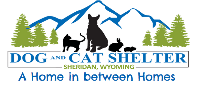 Dog & Cat Shelter, Inc.,(Sheridan, Wyoming)logo black dog cat and small animals with blue mountains and green trees and text