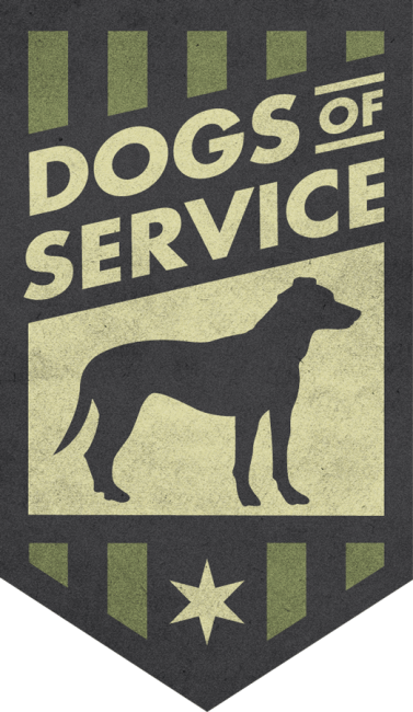 Dogs of Service, (Valley Village, California), shape of coat of arms black dog on light background light star stripes and text on dark background