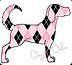 Dogs by Debin (Kansas City, Missouri) logo of checkered dog, pink with black triangles