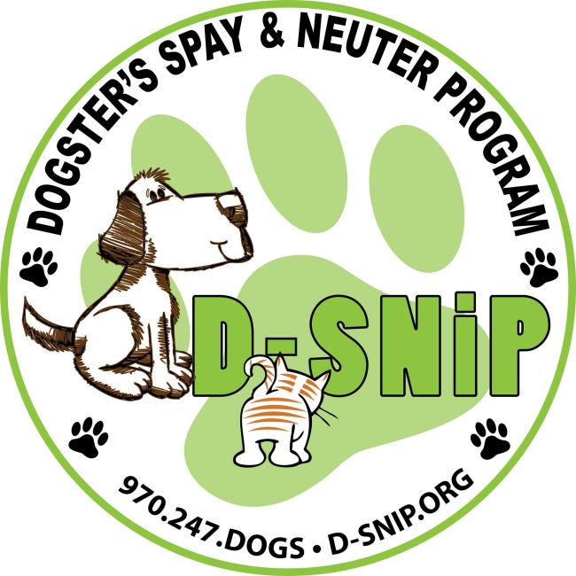 Dogster's Spay & Neuter Program (D-SNiP), (Durango, Colorado), logo round green paw brown and white dog red cat green and black text