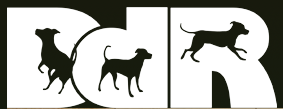 Downtown Dog Rescue, (North Hollywood, California), logo of white letter 'DdR,' with black silhouettes of dogs on each letter