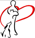 Dunn County Humane Society (Menomonie Wisconsin) logo with black outline of human, dog, cat & background of red outline of heart