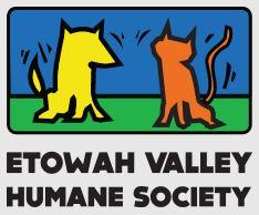 Etowah Valley Humane Society (Cartersville, Georgia) logo of yellow dog, orange cat on blue and green background