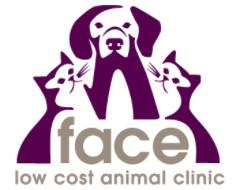 FACE Low-Cost Spay/Neuter Clinic, (Indianapolis, Indiana), two purple cats one purple dog sitting around grey text