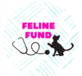 Feline Fund, (Wixom, Michigan) logo black cat and stethoscope silhouette on blue striped background with pink text