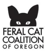 Feral Cat Coalition of Oregon, (Portland, Oregon), logo top half of black cat head with tipped ear above black text