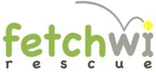 Fetch Wisconsin Rescue (Verona, Wisconsin) logo has grey and green words with a bone dotted with a tennis ball for the “i”