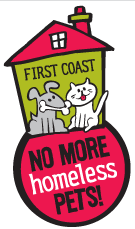First Coast No More Homeless Pets (Jacksonville, Florida) logo has a grey dog with a bone and a white cat in a house