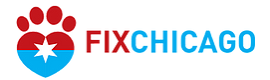 Fix Chicago, INC (Chicago, Illinois) logo paw print half red half light blue heart as the paw pad with white star in middle red and light blue lettering to the right