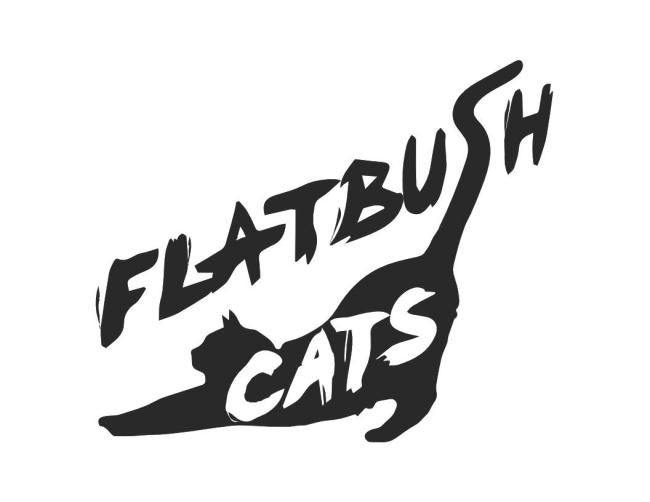 Flatbush Cats (Brooklyn, New York) logo black silhouette or stretching cat wtih black painted lettering above the word cats in white painted on cat