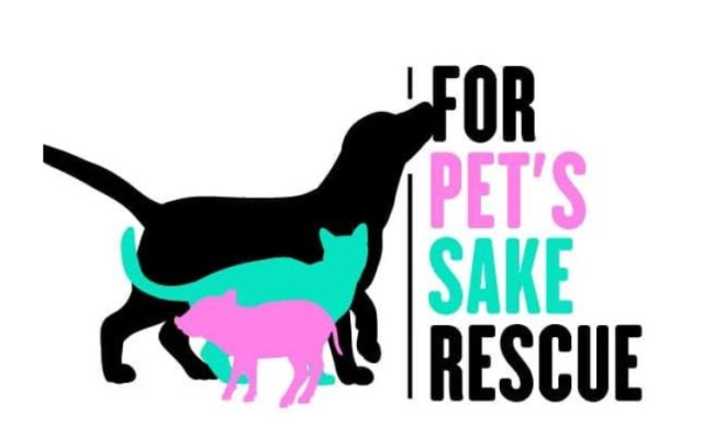 For Pets Sake Rescue, (Long Beach, Mississippi) logo black dog, turquoise cat, pink pig silhouettes with text