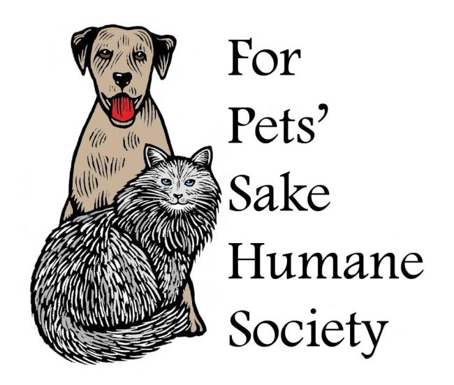 For Pets' Sake Inc., (Cortez, Colorado), logo brown dog with red tongue sticking out grey cat and black text