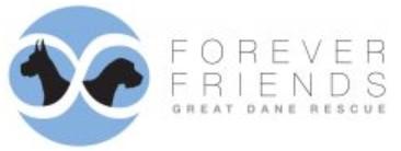 Forever Friends Great Dane Rescue, (Morris, Indiana), logo two black heads of Great Danes inside white infinity sign inside blue circle grey text