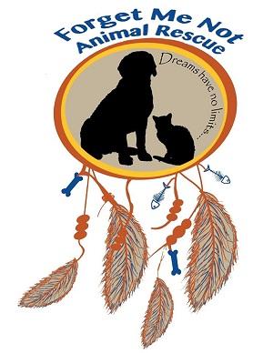 Forget Me Not Animal Rescue (Strongsville, Ohio) logo with dog & cat in circle with feathers hanging off (dream catcher)