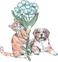 Forget Me Not Animal Shelter (Republic, Washington) logo with cat, dog and bouquet of blue flowers