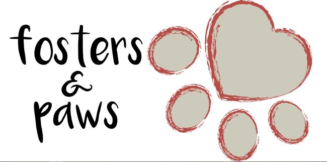 Fosters & Paws (Sacramento, California) logo large black text upside down khaki colored with painted red outline border main paw pad in shape of heart