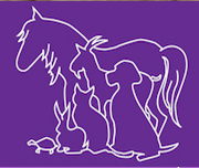 Four Peaks Animal Rescue (Scottsdale, Arizona) logo is purple with white outlines of a horse, goat, dog, cat, rabbit, and turtle