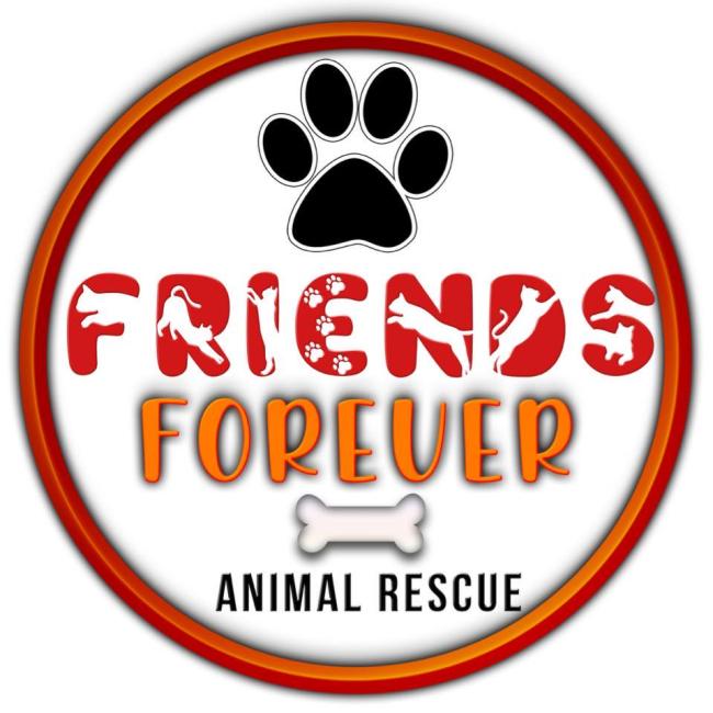 Friends Forever Animal Rescue, (Baldwinsville, New York), logo red and orange circle around black pawprint and white bone and red, orange and black text