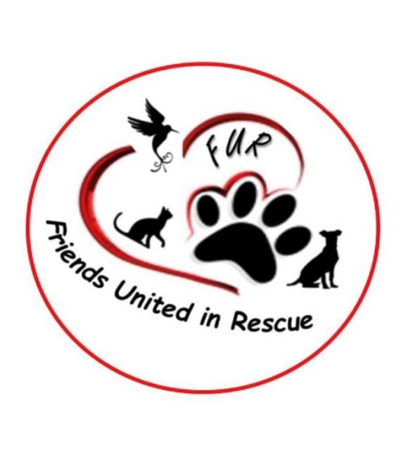 Friends United in Rescue, (Rowlett, Texas) logo red circle outline with red heart black paw print with dog and cat silhouette and black text